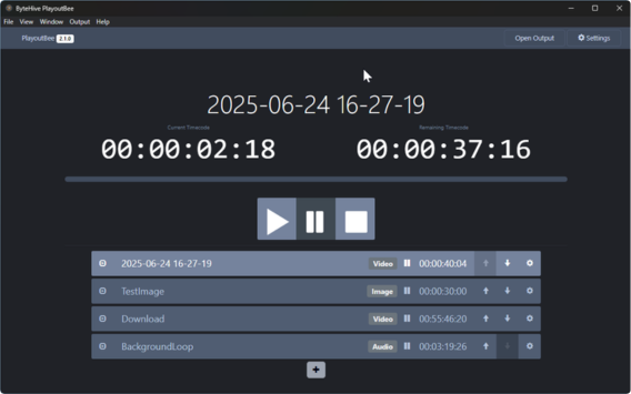 PlayoutBee software interface showing video playout controls, playlist management, and output settings